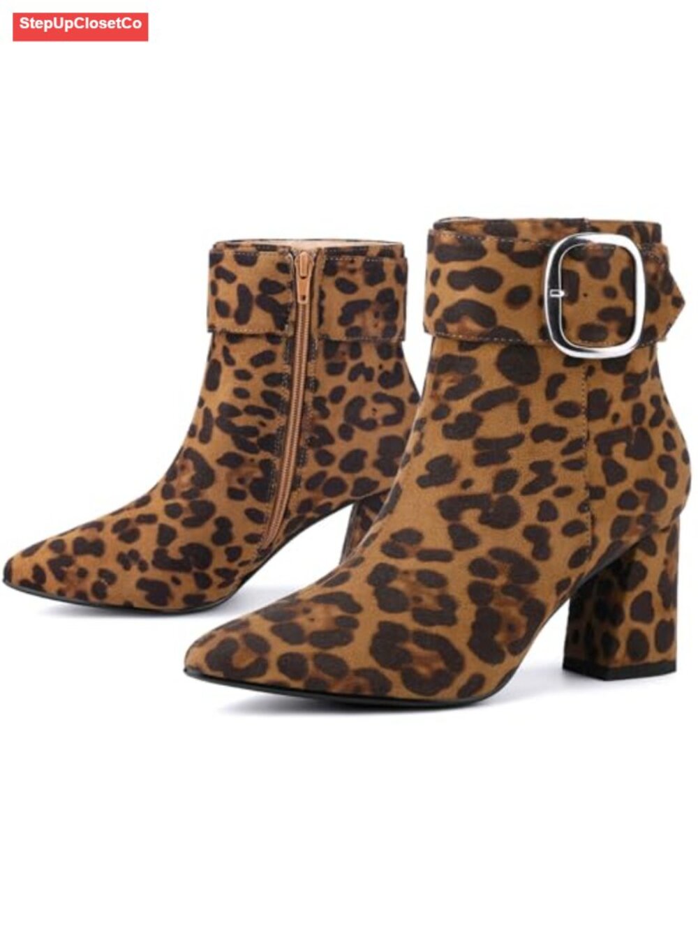 Faux Suede Pointed Toe Ankle Boots with Square Buckle Block Heel